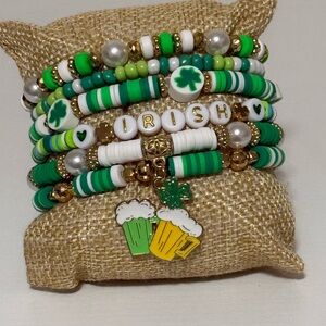 Green and White Multicolor St Patrick's Day Beaded Bracelet Set NEW